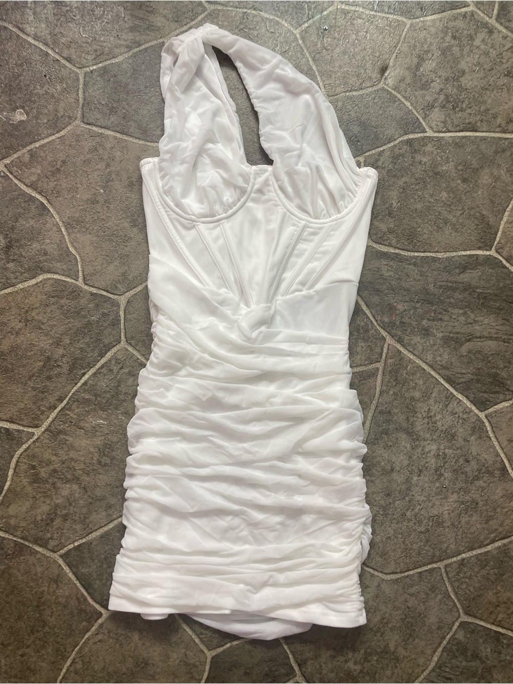 White Ruched Halter Mini Dress